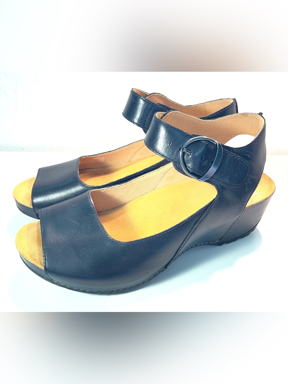 Dansko Tiana Black Women's Peep-Toe Wedge Sandals with Ankle Strap - Picture 4 of 9